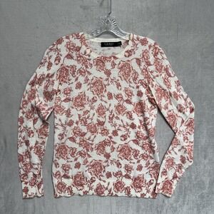 Lauren Ralph Lauren Sweater Womens Petite Small White Floral Print Knit Crewneck